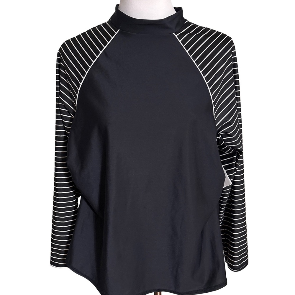 All in Motion Black White Stripe Long Sleeve One Piece Swimsuit